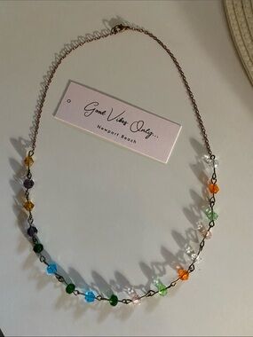 Good Vibes Only Multicolor Crystal Bead Necklace - Rose Gold Chain